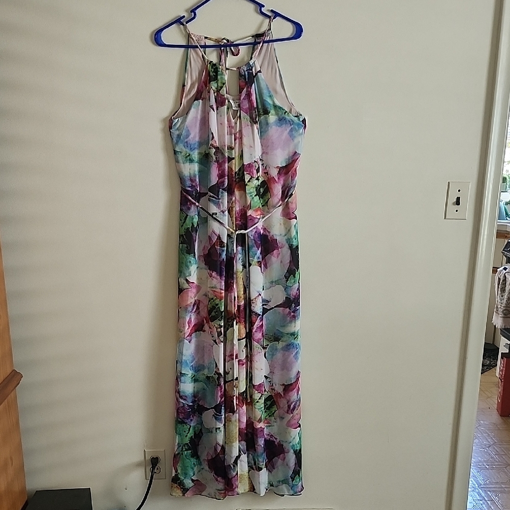 Maggy London Watercolor Floral Maxi Dress Waist Tie Colorful Wedding Guest
